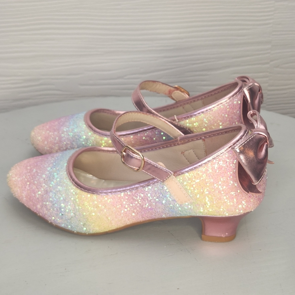 Annie Girls Size 3 Sparkly Shoes Mini Heels Bows Purple Pink Easter Spring